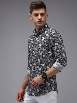 men's long sleeves floral navy blue shirt 3