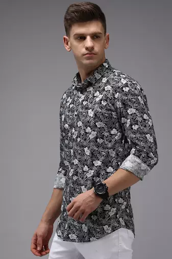 men's long sleeves floral navy blue shirt