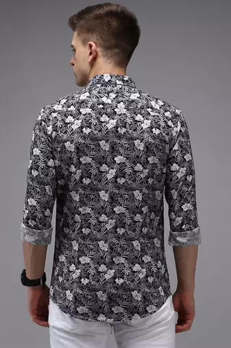 men's long sleeves floral navy blue shirt