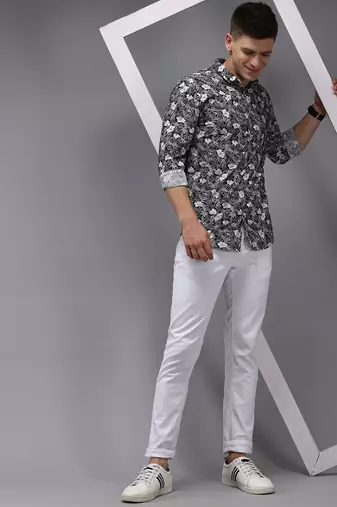 men's long sleeves floral navy blue shirt