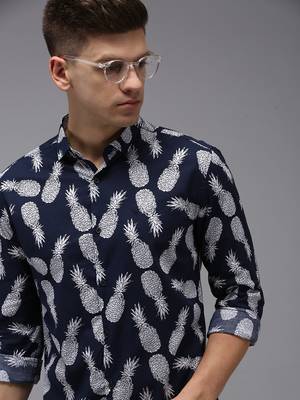 men's long sleeves conversational navy blue shirt 1