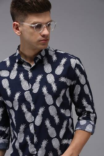 men's long sleeves conversational navy blue shirt