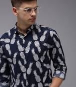men's long sleeves conversational navy blue shirt