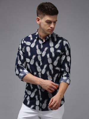 men's long sleeves conversational navy blue shirt 2