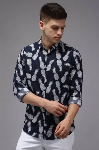 men's long sleeves conversational navy blue shirt