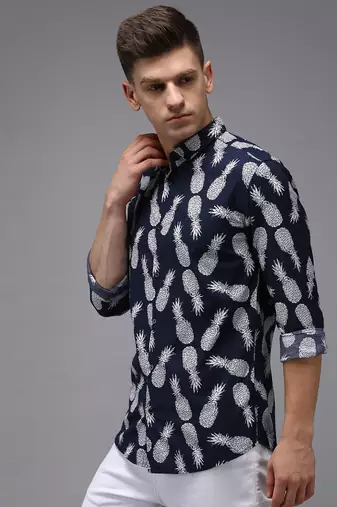 men's long sleeves conversational navy blue shirt