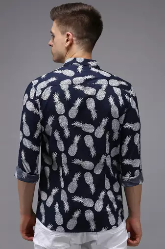 men's long sleeves conversational navy blue shirt