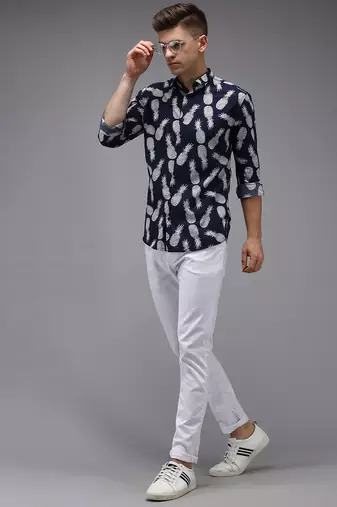 men's long sleeves conversational navy blue shirt