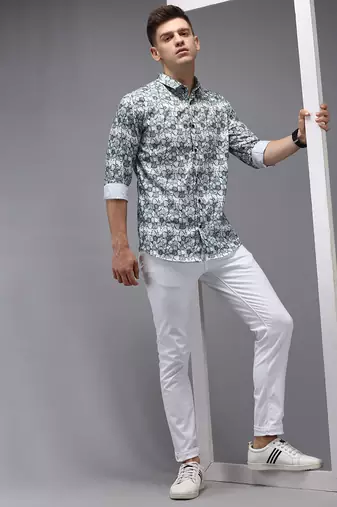 men's long sleeves floral white shirt