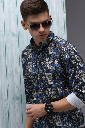 men's long sleeves floral black shirt