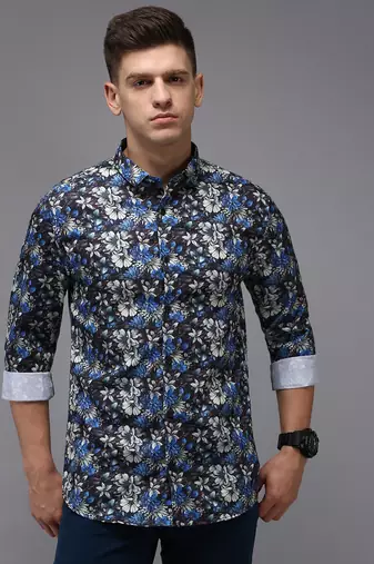 men's long sleeves floral black shirt
