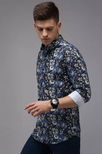 men's long sleeves floral black shirt