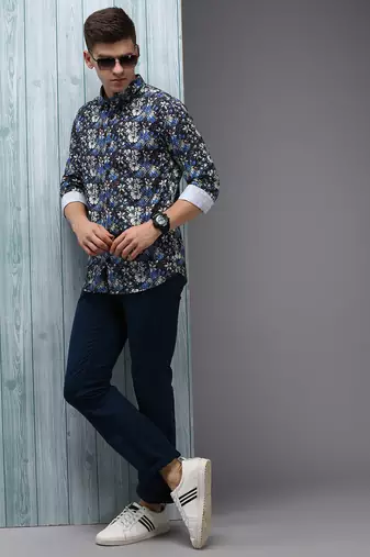men's long sleeves floral black shirt