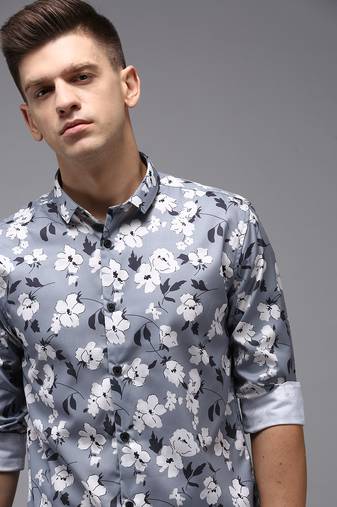 men's long sleeves floral grey shirt