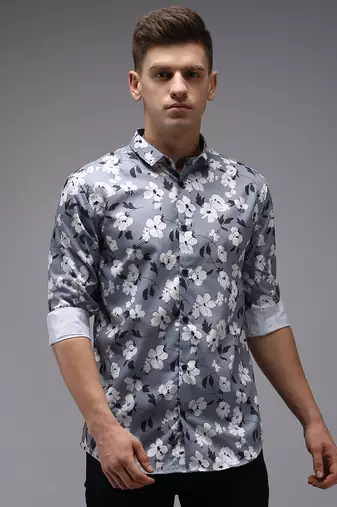 men's long sleeves floral grey shirt