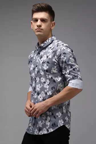 men's long sleeves floral grey shirt