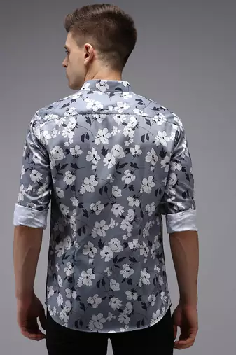 men's long sleeves floral grey shirt