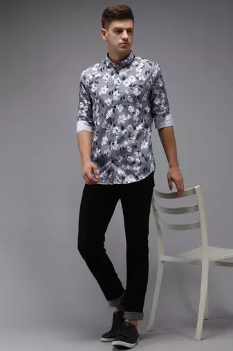 men's long sleeves floral grey shirt