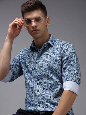 Showoff men's long sleeves floral blue shirt 1