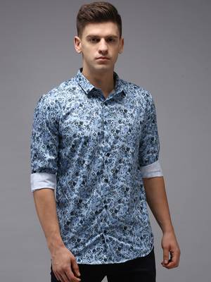 Showoff men's long sleeves floral blue shirt 2