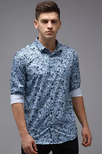 Showoff men's long sleeves floral blue shirt