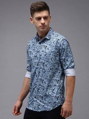 Showoff men's long sleeves floral blue shirt 3