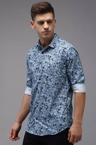 Showoff men's long sleeves floral blue shirt