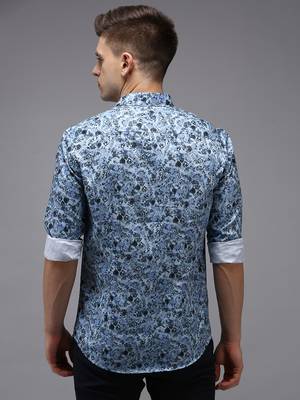 Showoff men's long sleeves floral blue shirt 4
