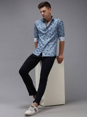 Showoff men's long sleeves floral blue shirt 5