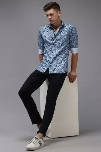Showoff men's long sleeves floral blue shirt