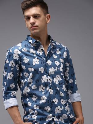 Showoff men's long sleeves floral blue shirt 1