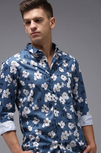 Showoff men's long sleeves floral blue shirt