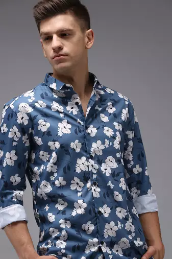 Showoff men's long sleeves floral blue shirt