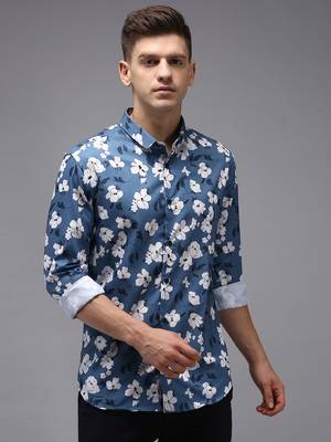 Showoff men's long sleeves floral blue shirt 2