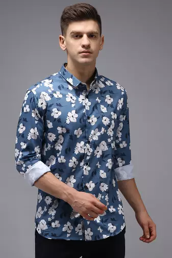 Showoff men's long sleeves floral blue shirt