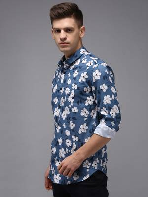 Showoff men's long sleeves floral blue shirt 3