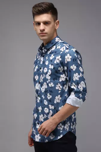 Showoff men's long sleeves floral blue shirt