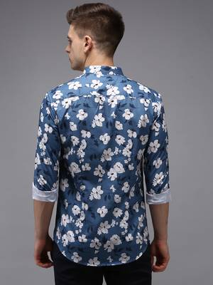 Showoff men's long sleeves floral blue shirt 4