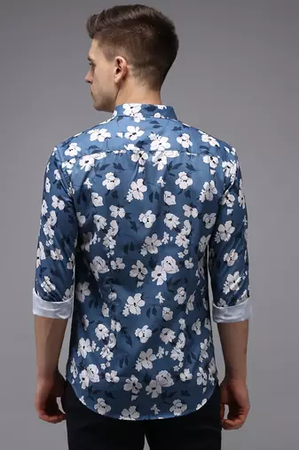 Showoff men's long sleeves floral blue shirt