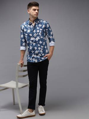 Showoff men's long sleeves floral blue shirt 5