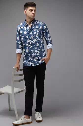 Showoff men's long sleeves floral blue shirt