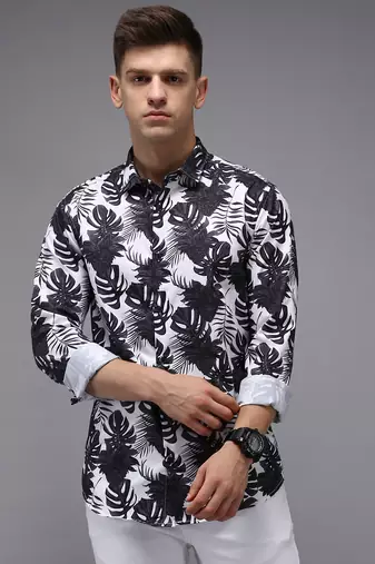 men's long sleeves floral white shirt