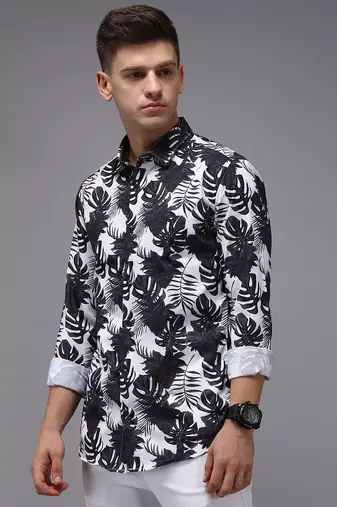 men's long sleeves floral white shirt