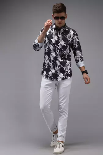 men's long sleeves floral white shirt