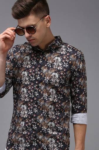 men's long sleeves floral black shirt