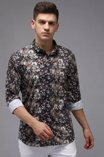 men's long sleeves floral black shirt