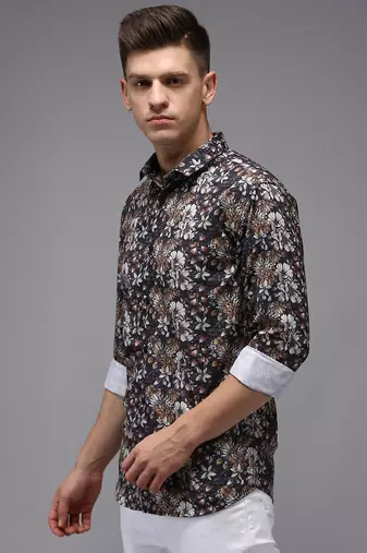 men's long sleeves floral black shirt