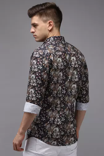 men's long sleeves floral black shirt