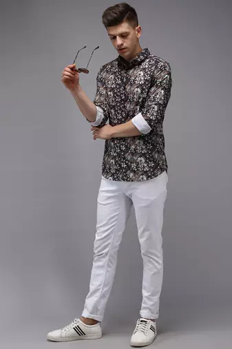men's long sleeves floral black shirt