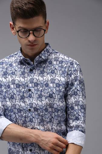 men's long sleeves floral white shirt